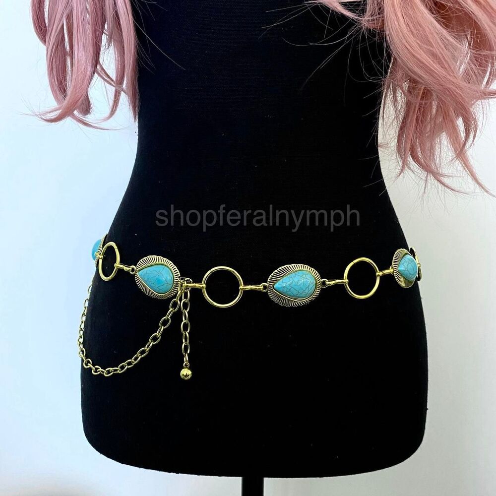 Gold Y2K Turquoise Western Boho Chain Belt, Fits 25.5-44.5 Inches, X7GA1271